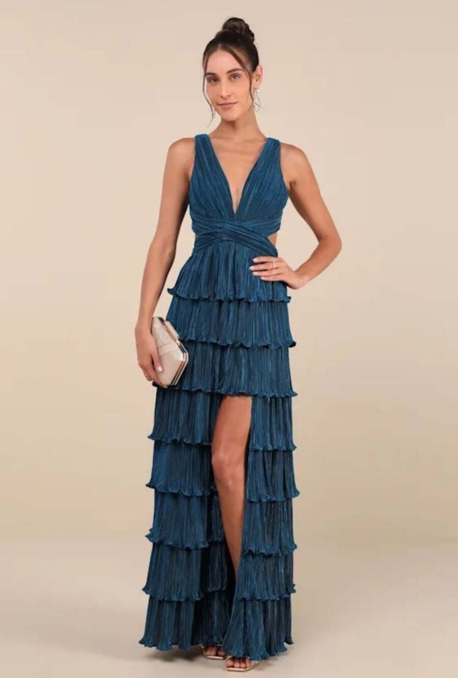 Lulus Beauty Icon Dark Teal Satin Pleated Tiered Lace-up Maxi Dress